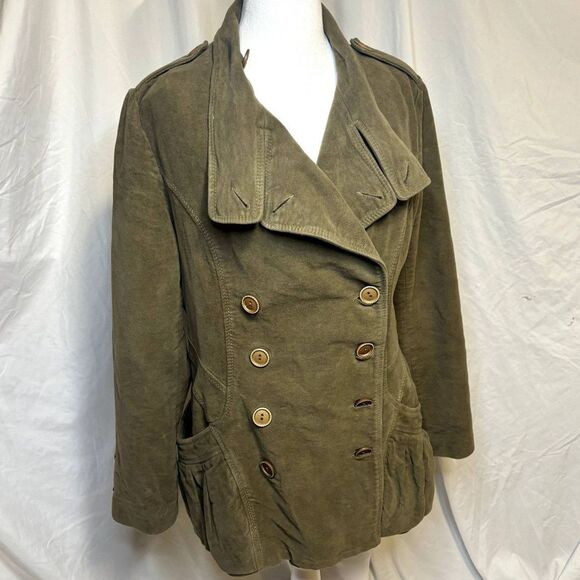 Yuvita Vintage Olive Green Soft Womens Pea Coat Blazer Jacket Collared Button Up - Picture 2 of 8